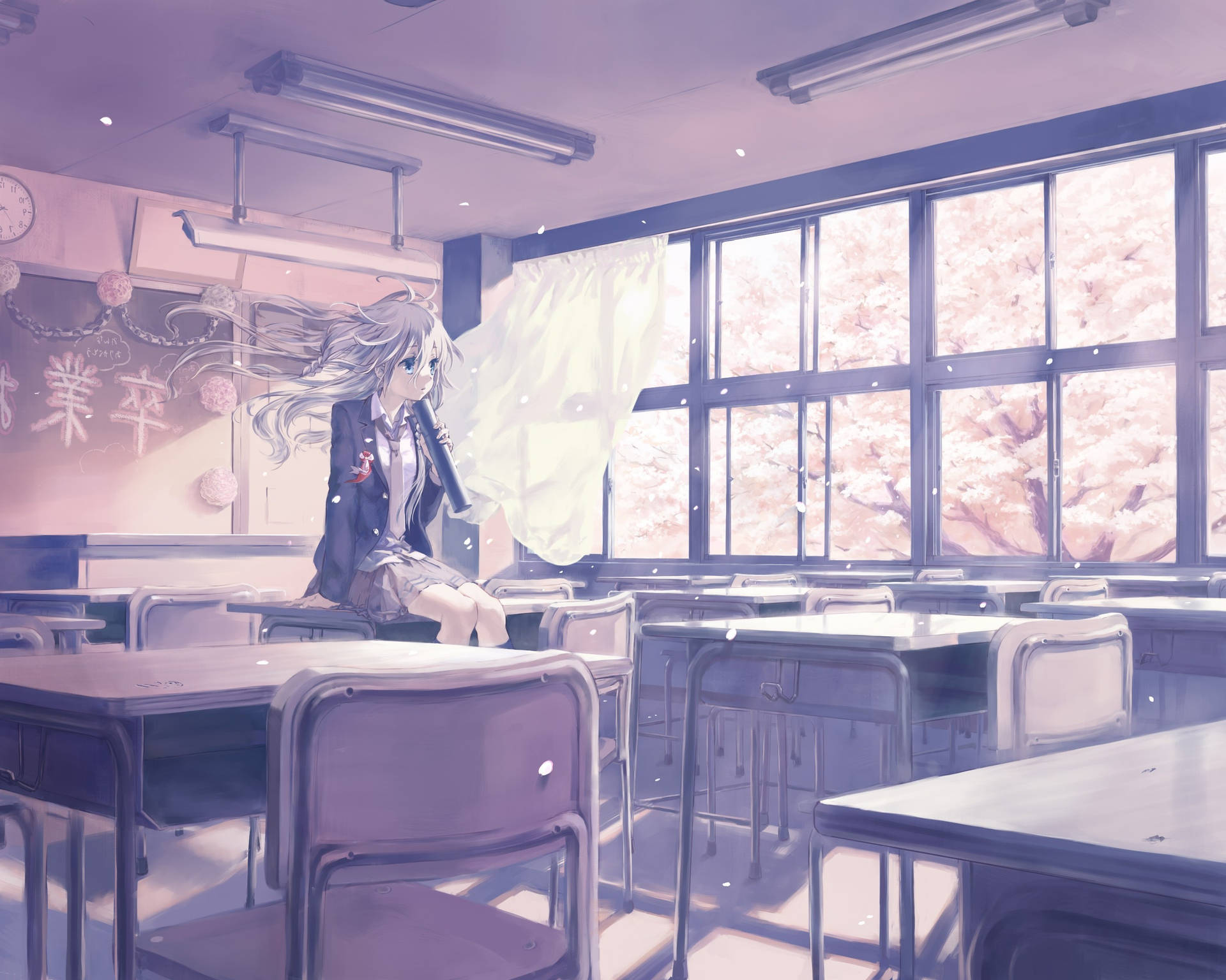 Niedlichesmädchen Im Anime-klassenzimmer Wallpaper