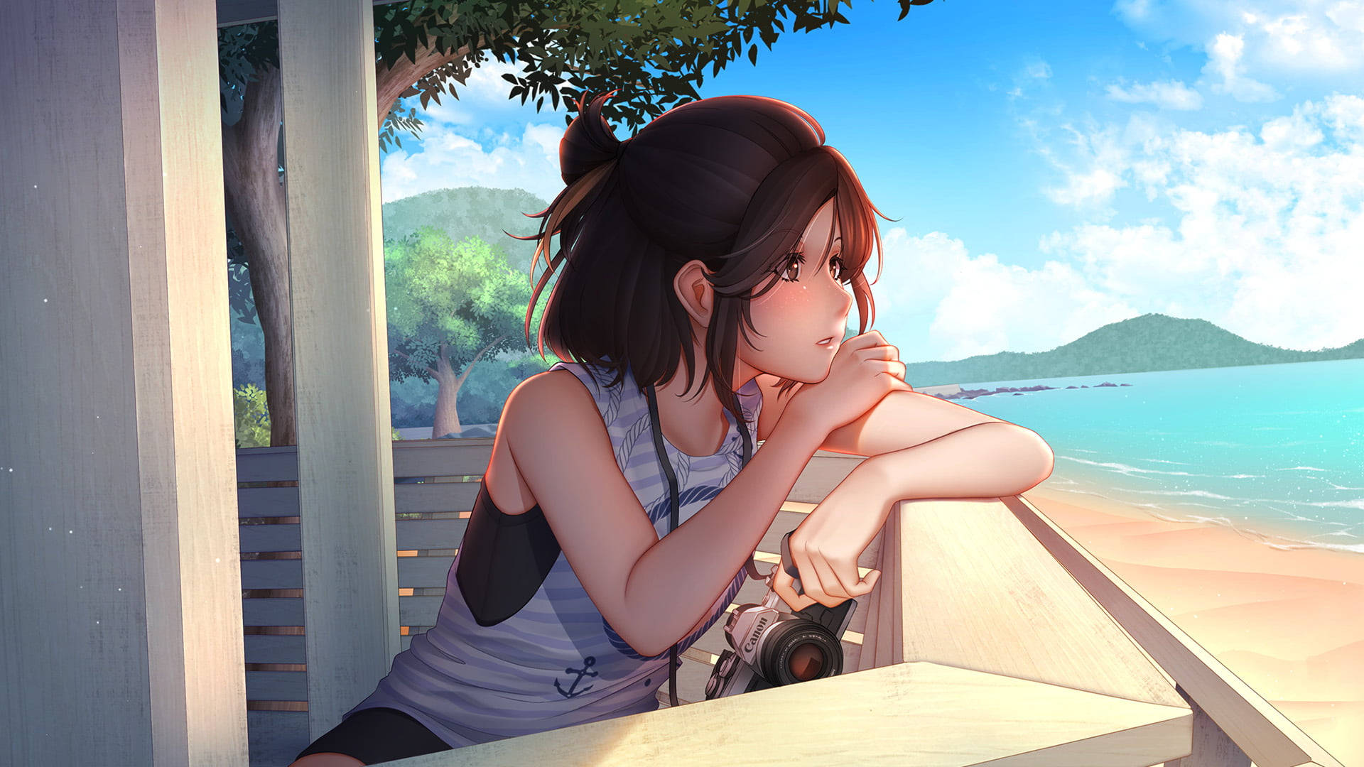Cute Girl Looking At Beach Background