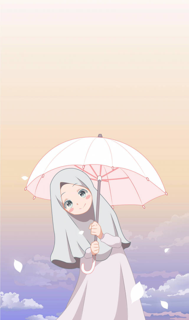 Adorabileragazza Cartone Animato Con Hijab E Ombrello. Sfondo