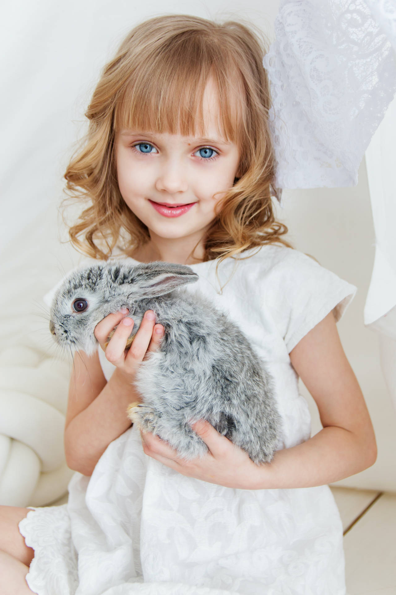Cute Girl With Gray Rabbit Wallpaper
