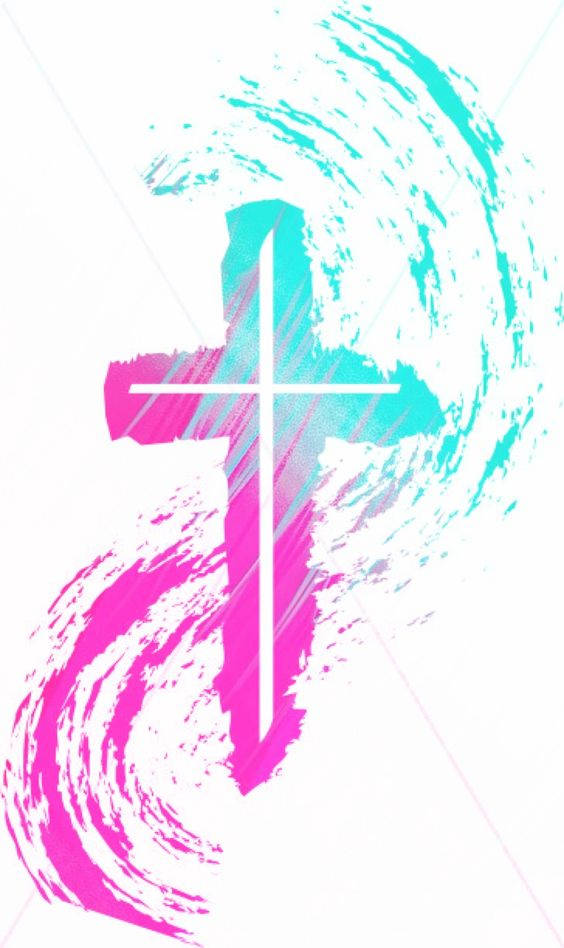 A Cross With Blue And Pink Paint On It Wallpaper