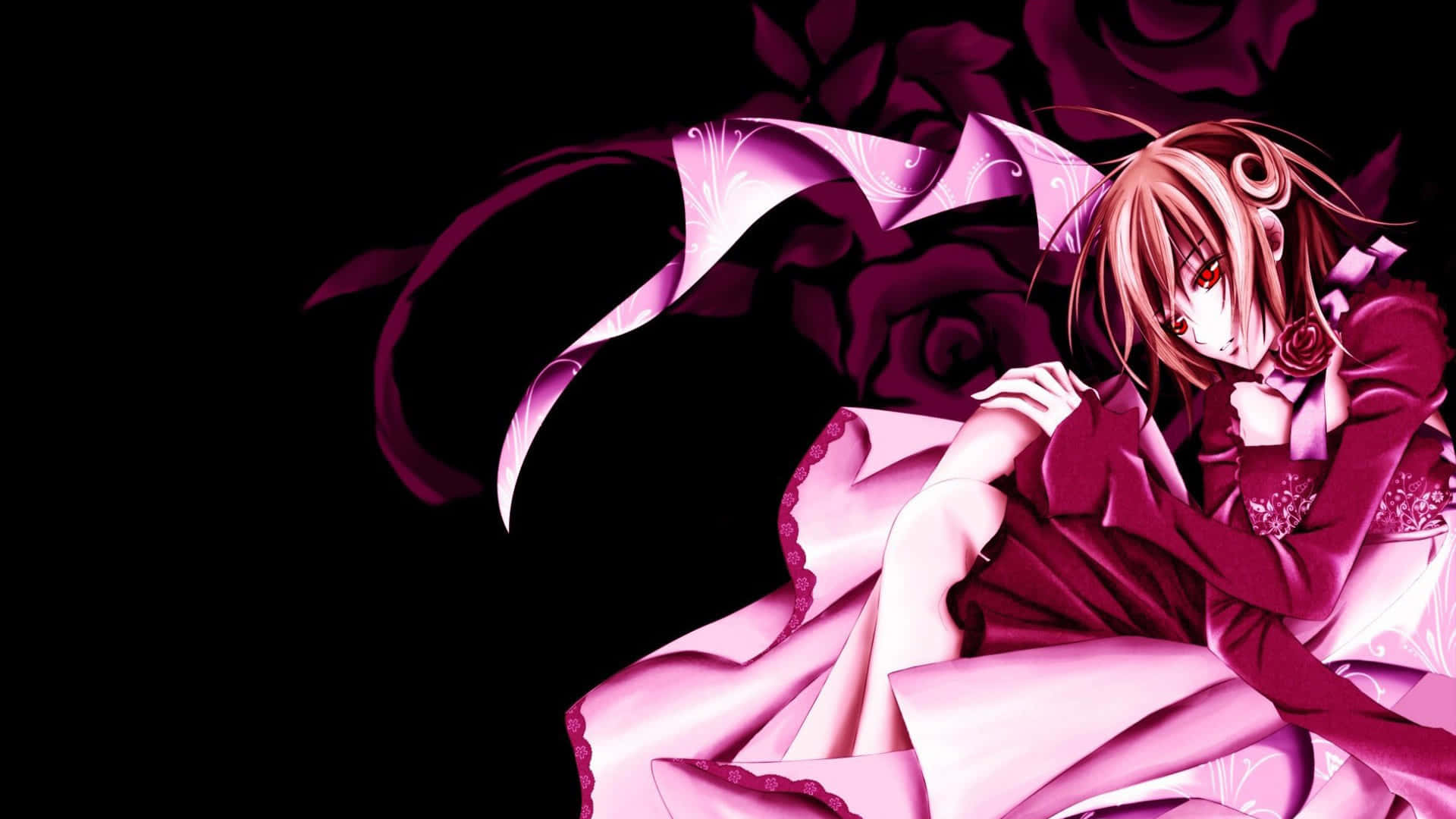 Chicade Anime En Vestido Rosa Sentada Sobre Un Fondo Negro. Fondo de pantalla