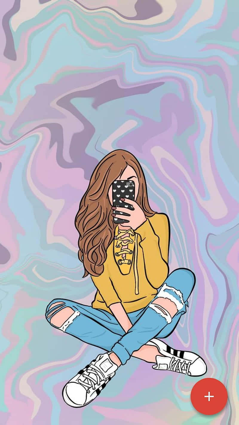 En pige sidder på gulvet med en telefon i sin hånd. Wallpaper