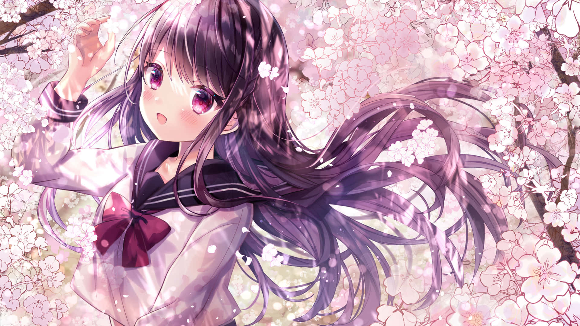 A Girl In A School Uniform With Long Hair And Pink Blossoms Wallpaper