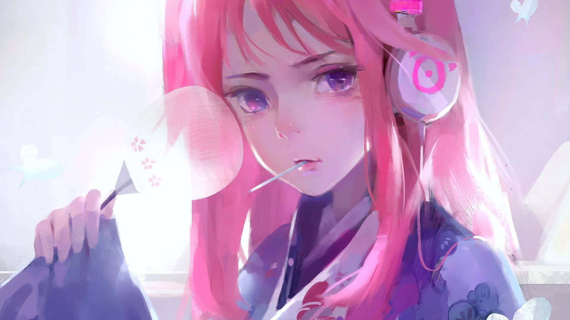 A Girl With Pink Hair Is Holding A Microphone Wallpaper