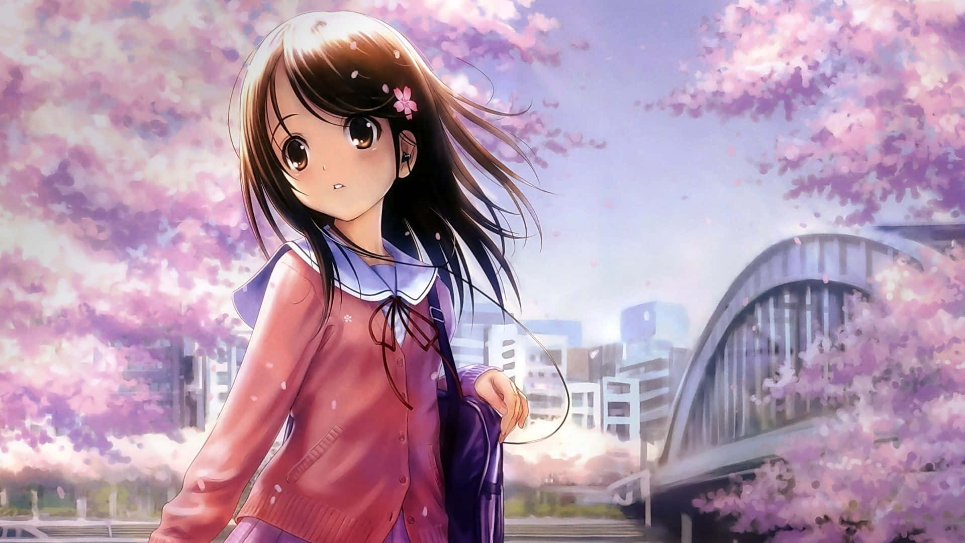 En anime pige i pink kjole går igennem kirsebærtræer Wallpaper