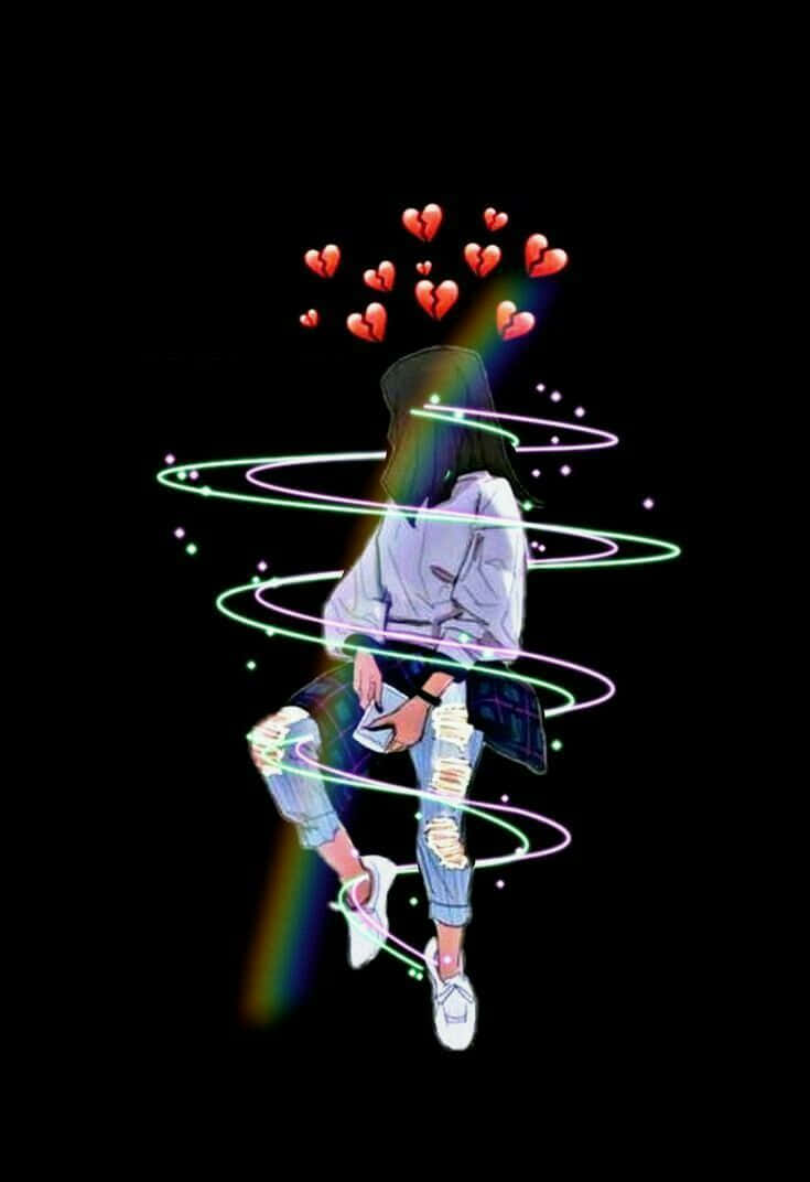 A Person Sitting On A Skateboard With Hearts And Rainbows Wallpaper