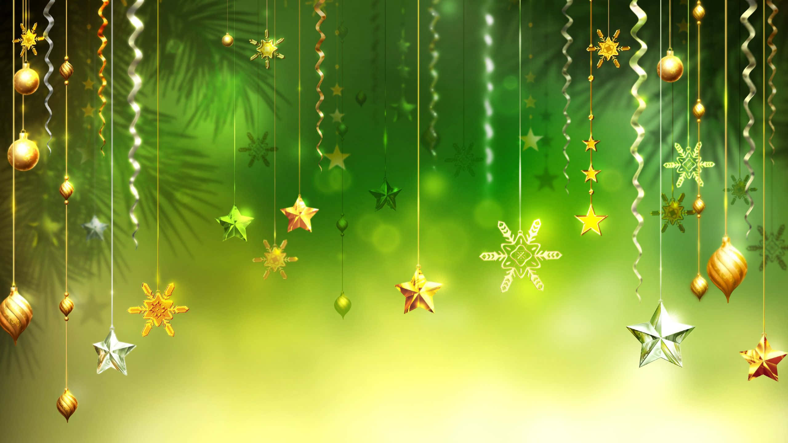 Christmas Background With Gold Stars And Green Leaves