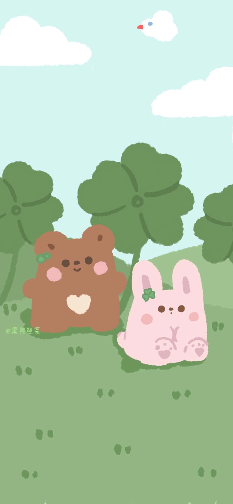 A Cartoon Of Two Teddy Bears In The Grass Wallpaper