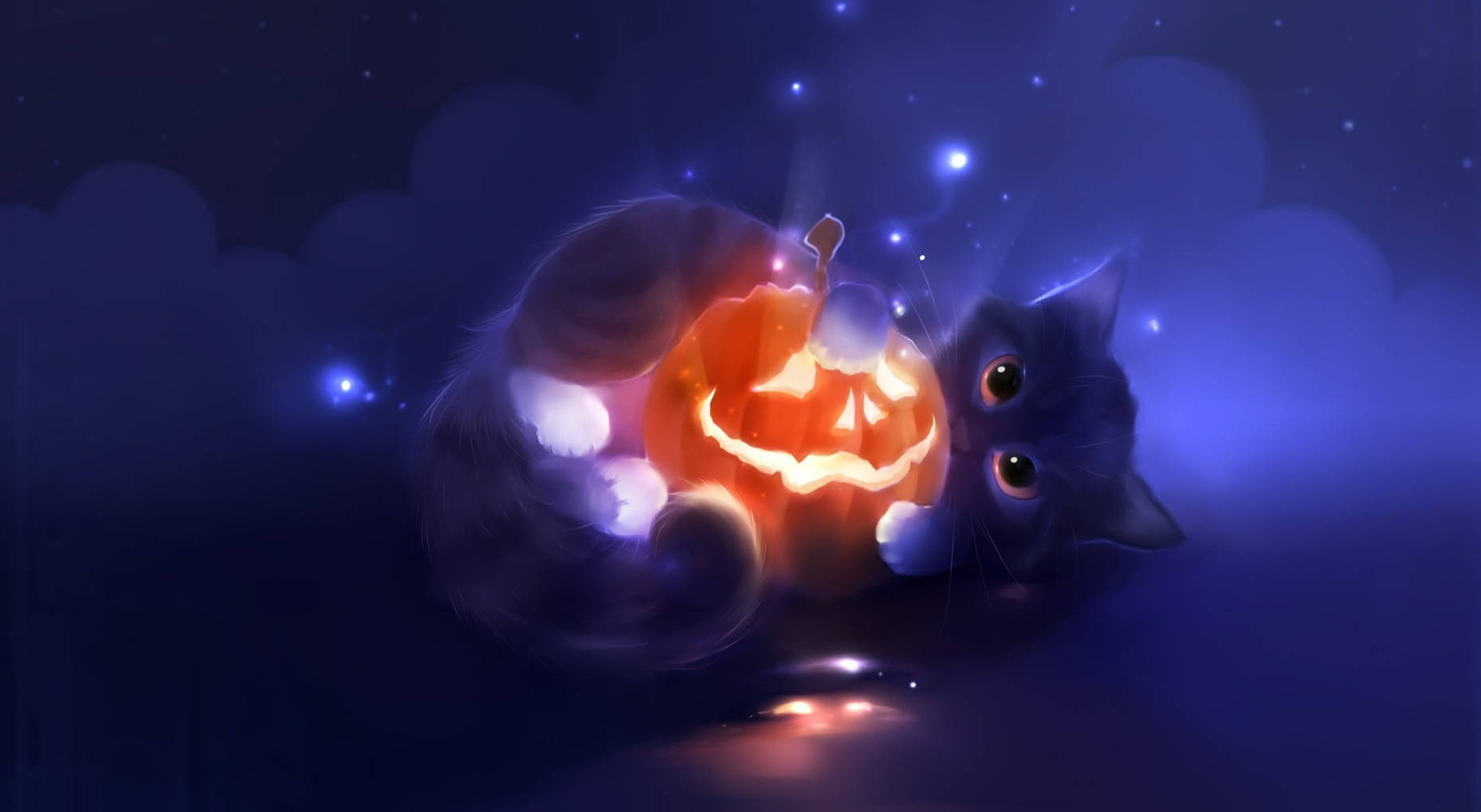 Cute Halloween Cat With Jack O' Lantern Wallpaper