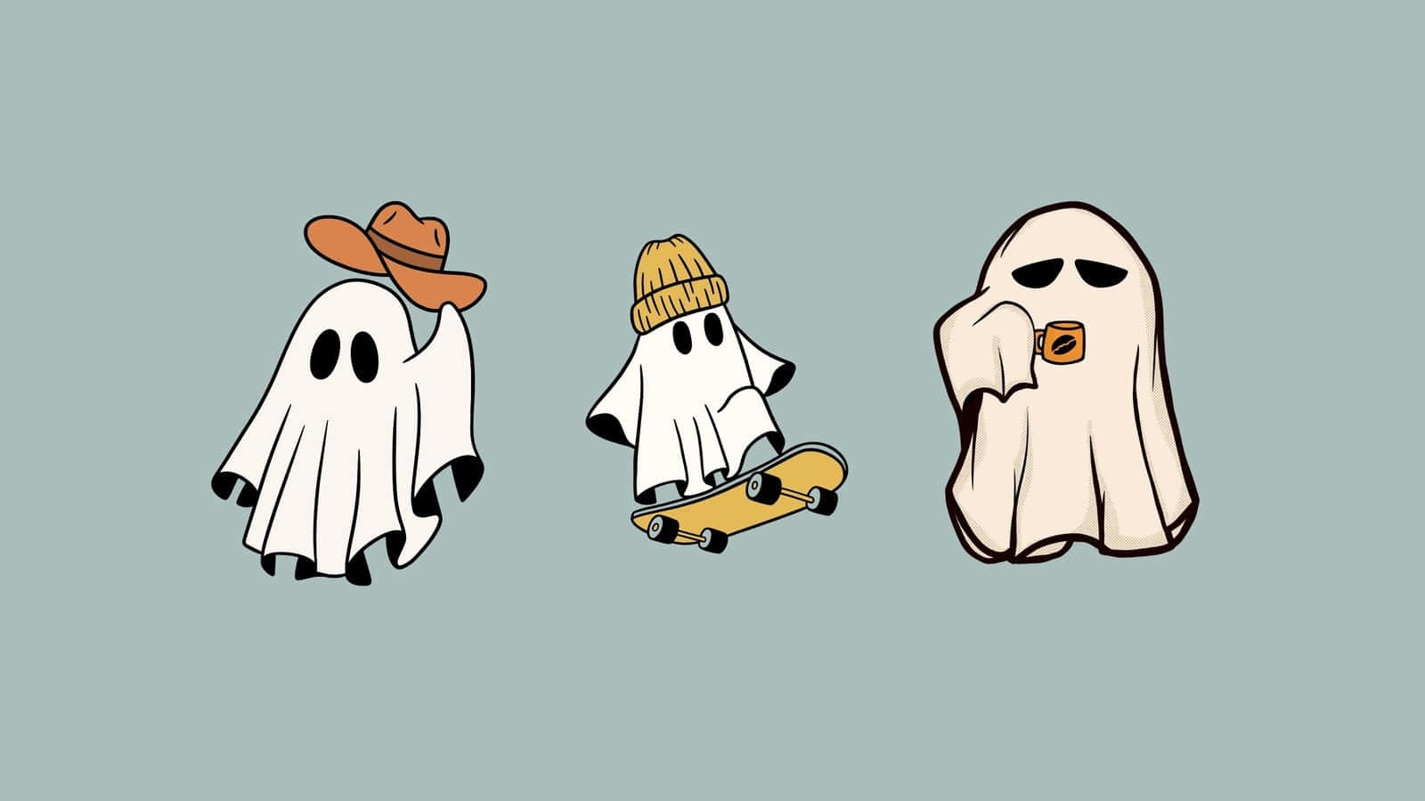 Download Cute Halloween Ghost Trio Illustration Wallpaper | Wallpapers.com