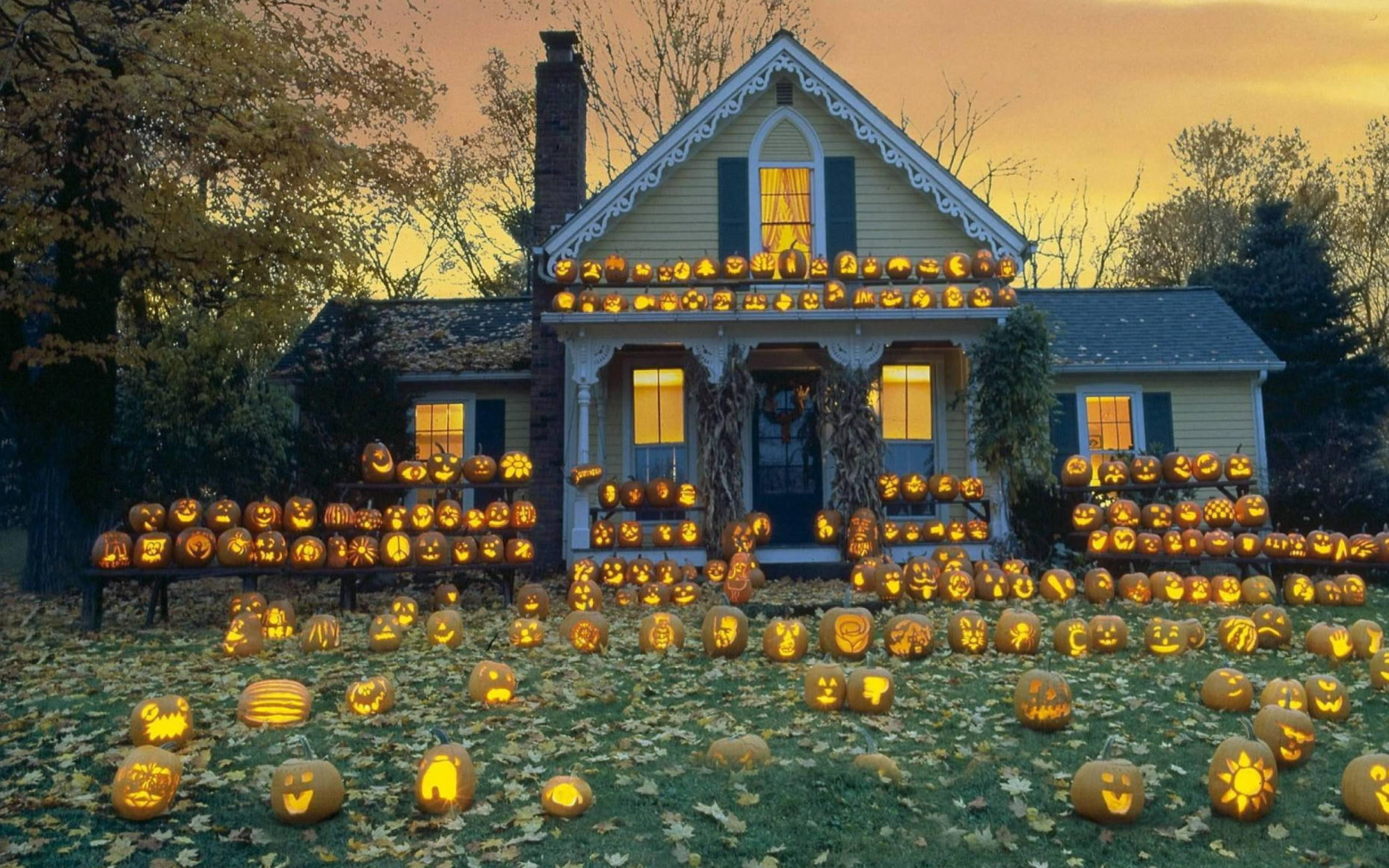 Cute Halloween House Jack O' Lanterns Wallpaper