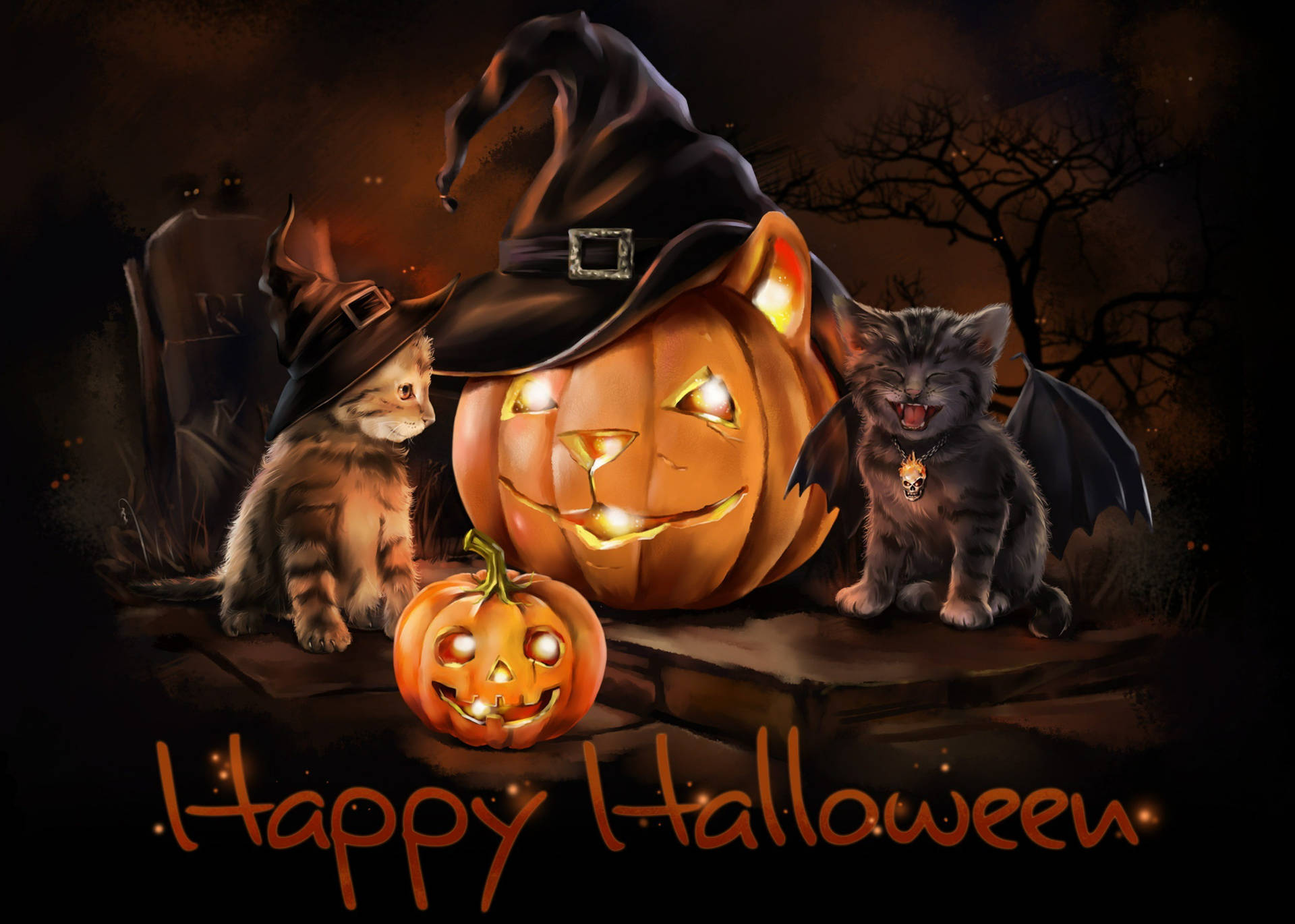 Cute Halloween Kittens Jack O' Lanterns Wallpaper