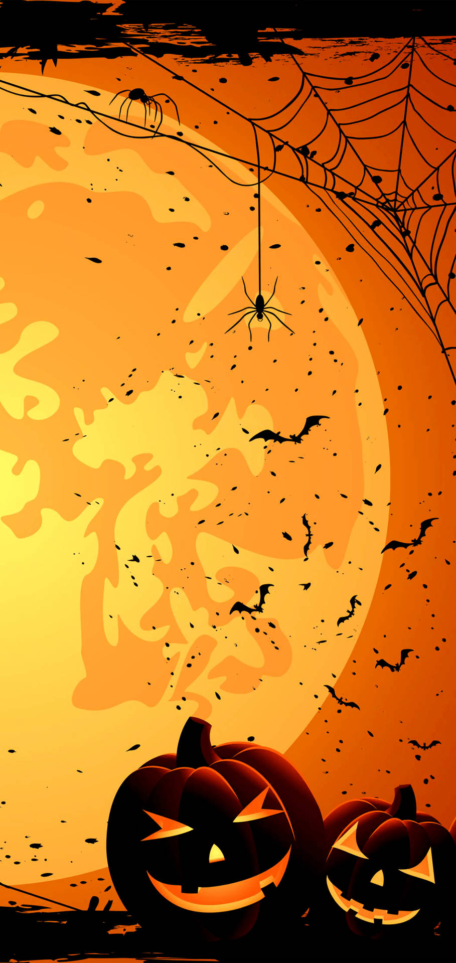 A Halloween Background With Pumpkins And A Web Wallpaper