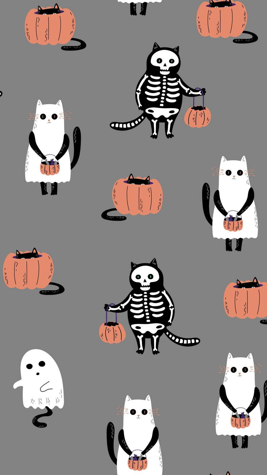 Cute Halloween Phone Cats As Skeletons And Ghosts Wallpaper