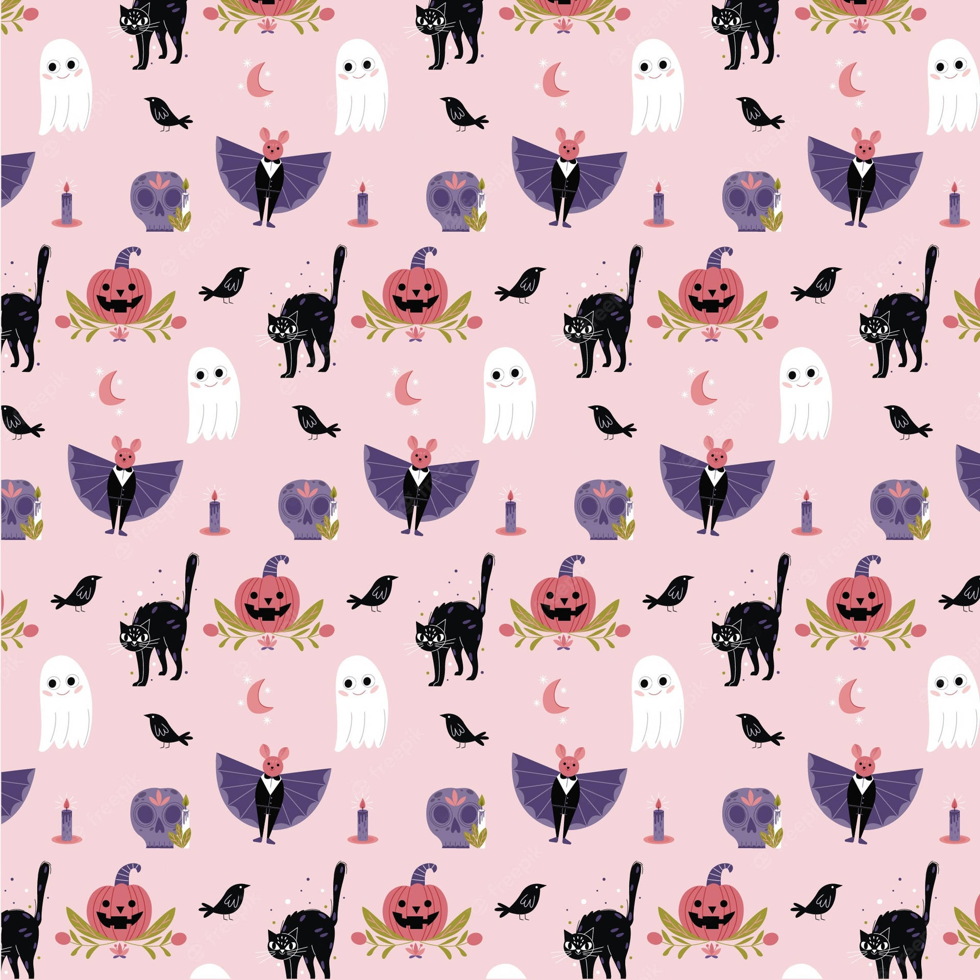 Halloween Pattern With Ghosts And Pumpkins Wallpaper