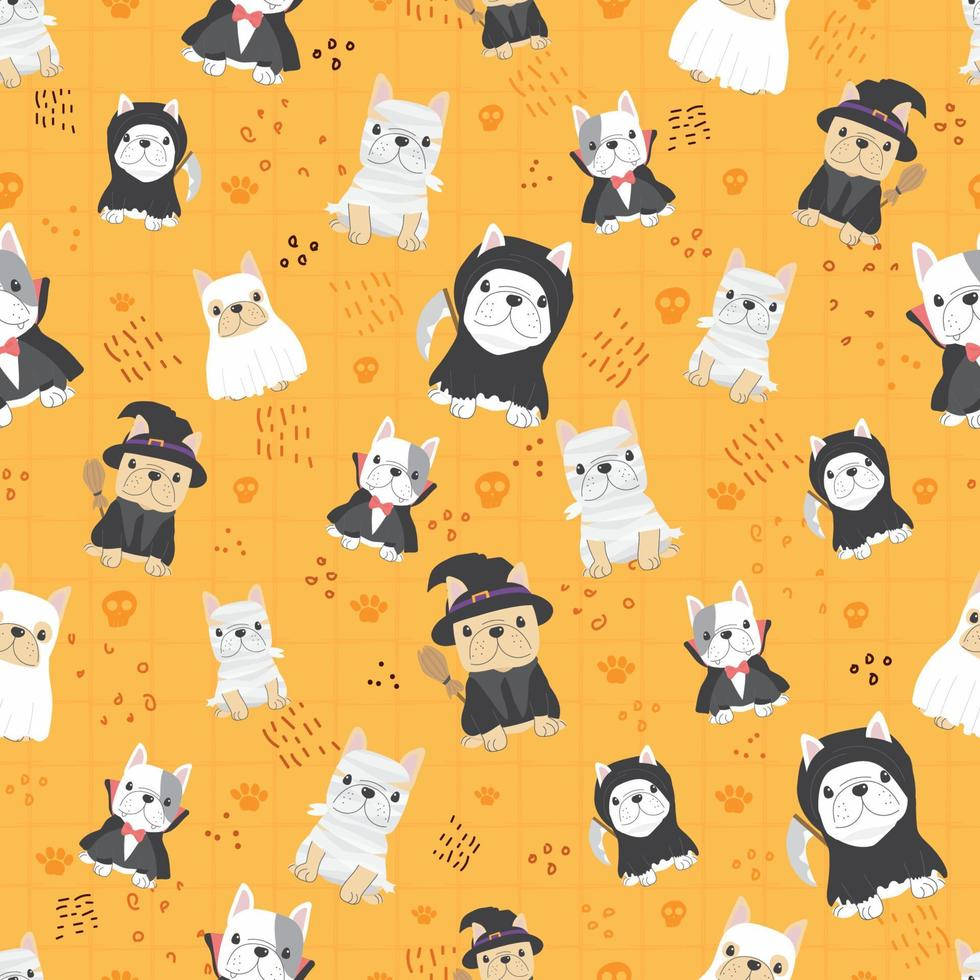 A Pattern With Cats And Witches On An Orange Background Wallpaper