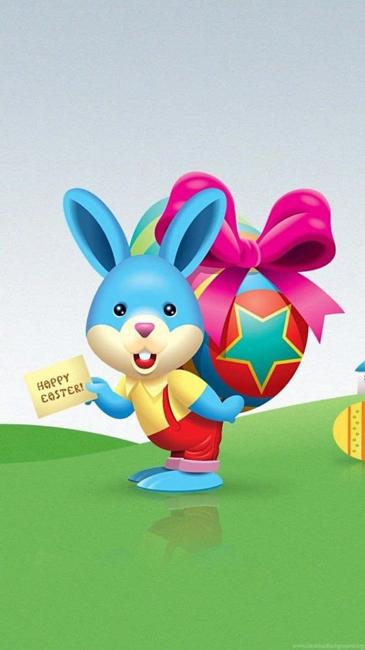 A cheerful Easter bunny hopping around a decorated Easter tree. Wallpaper