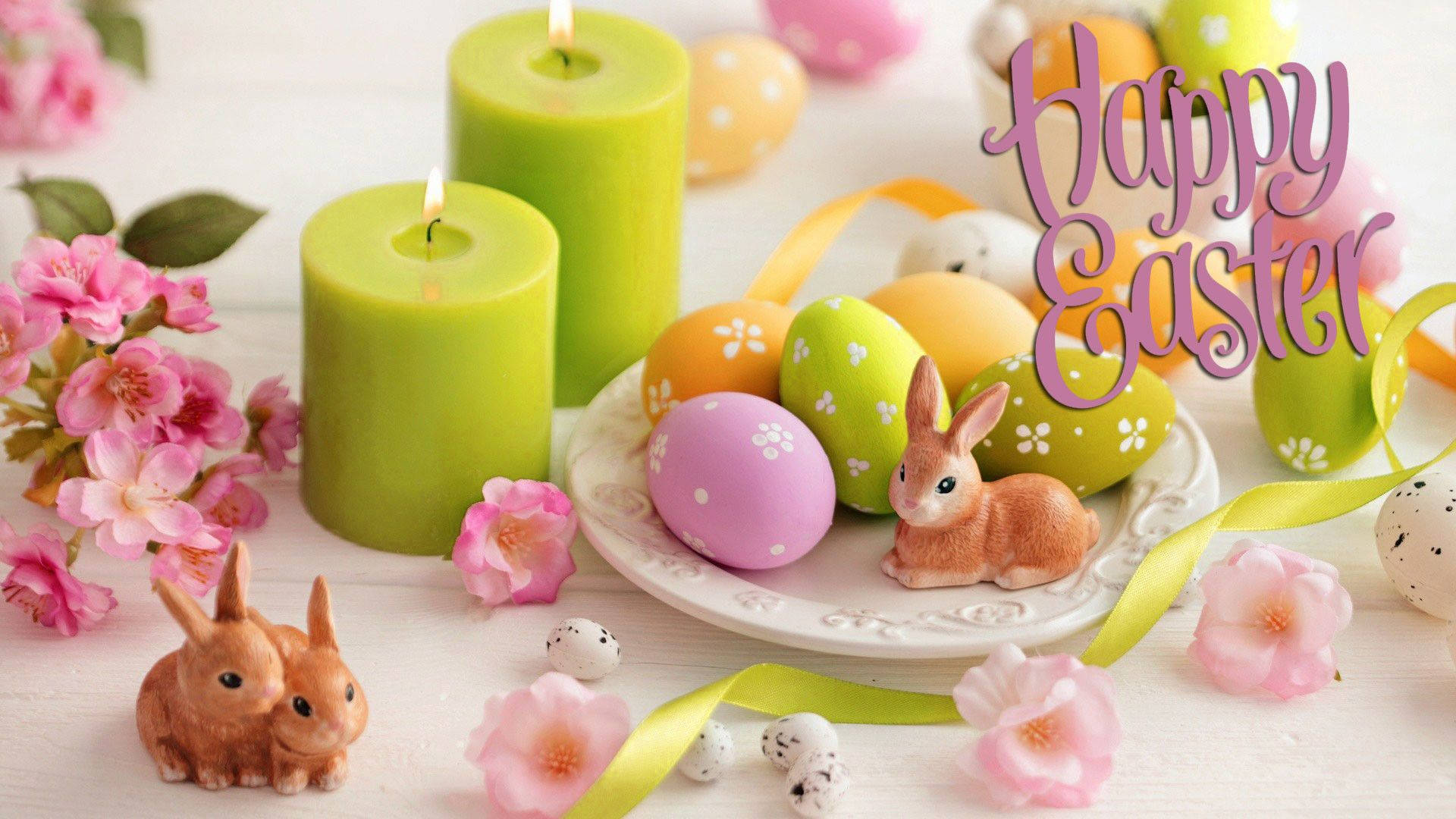 Cute Happy Easter Eggs Bunny Candle Dinner Wallpaper