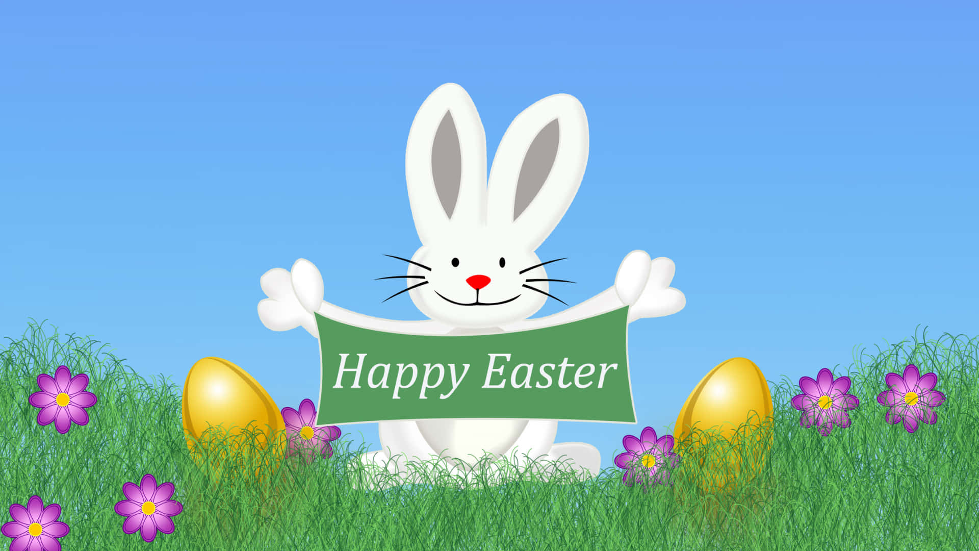 En hvid kanin holder et skilt med ordene glædelig påske Wallpaper