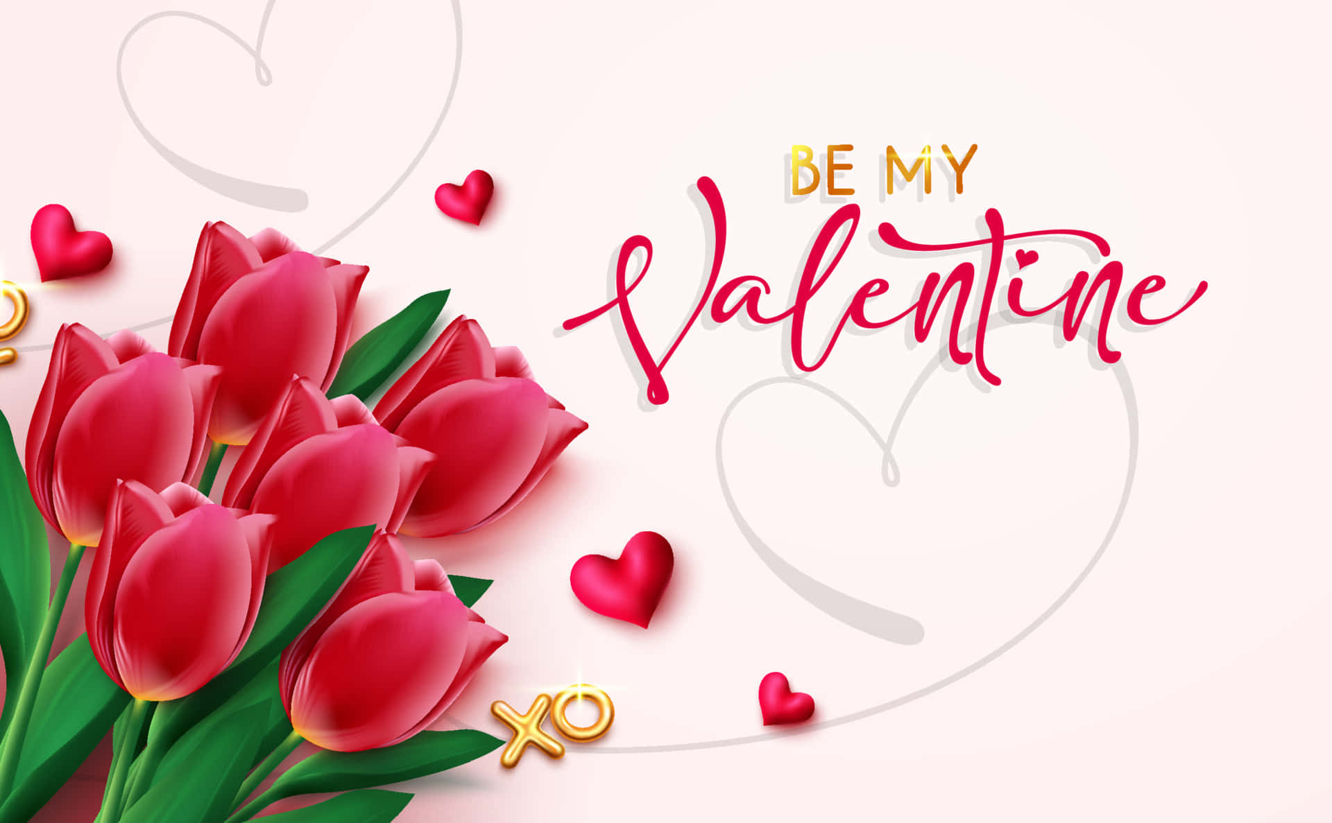 Saludosde San Valentín Con Tulipanes Rojos Y Corazones Fondo de pantalla