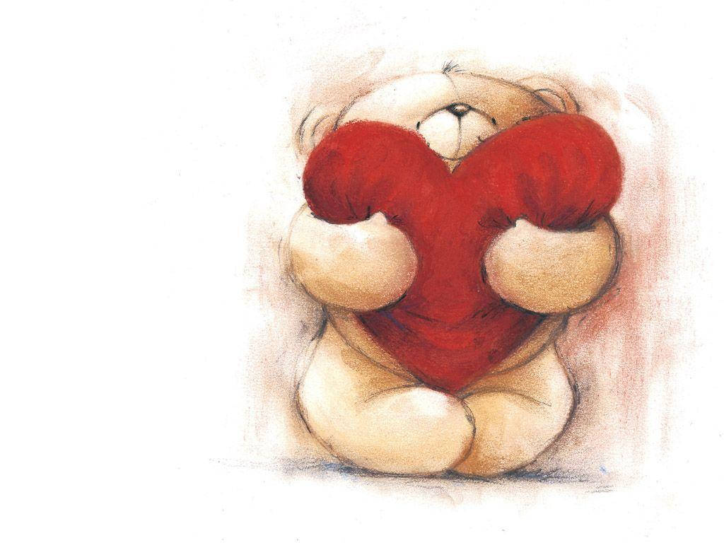 Cute Heart Hugged By Teddy Bear Wallpaper
