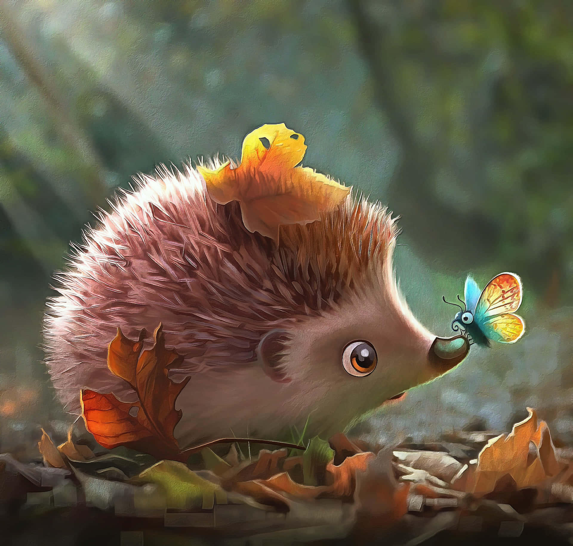 Cute Hedgehog Digital Art With Leaves And Butterfly Picture