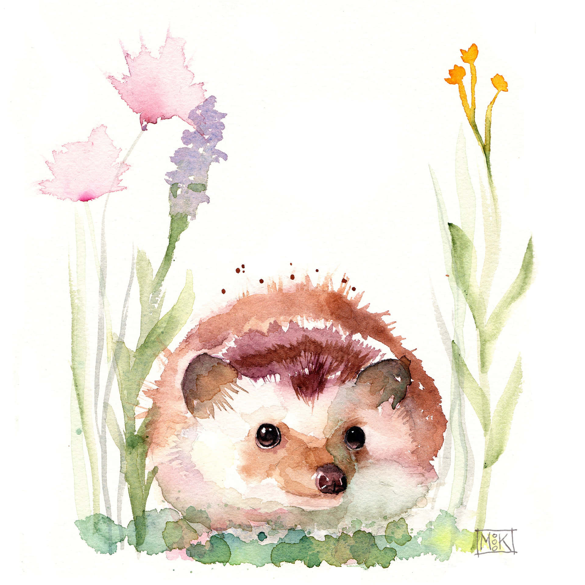 Cute Hedgehog Watercolor Painting Flowers Picture