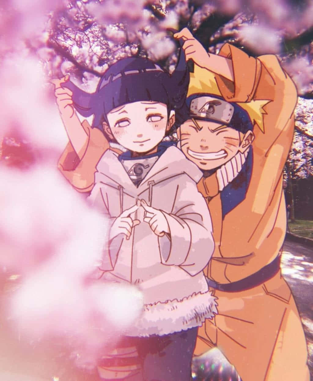 Lindaimagen De Hinata Y Naruto Bajo Un Árbol De Sakura Rosa Neón. Fondo de pantalla