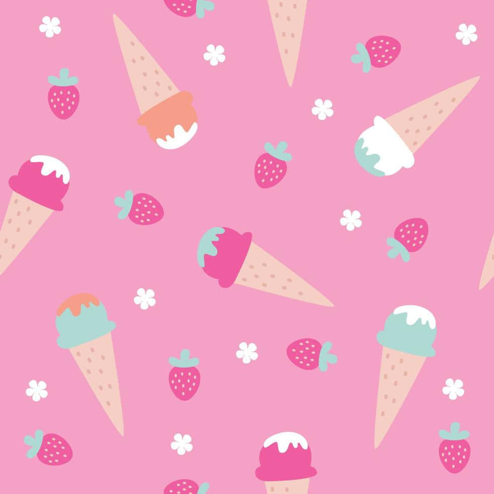 Cute Ice Cream With White Flowers And Strawberries Wallpaper