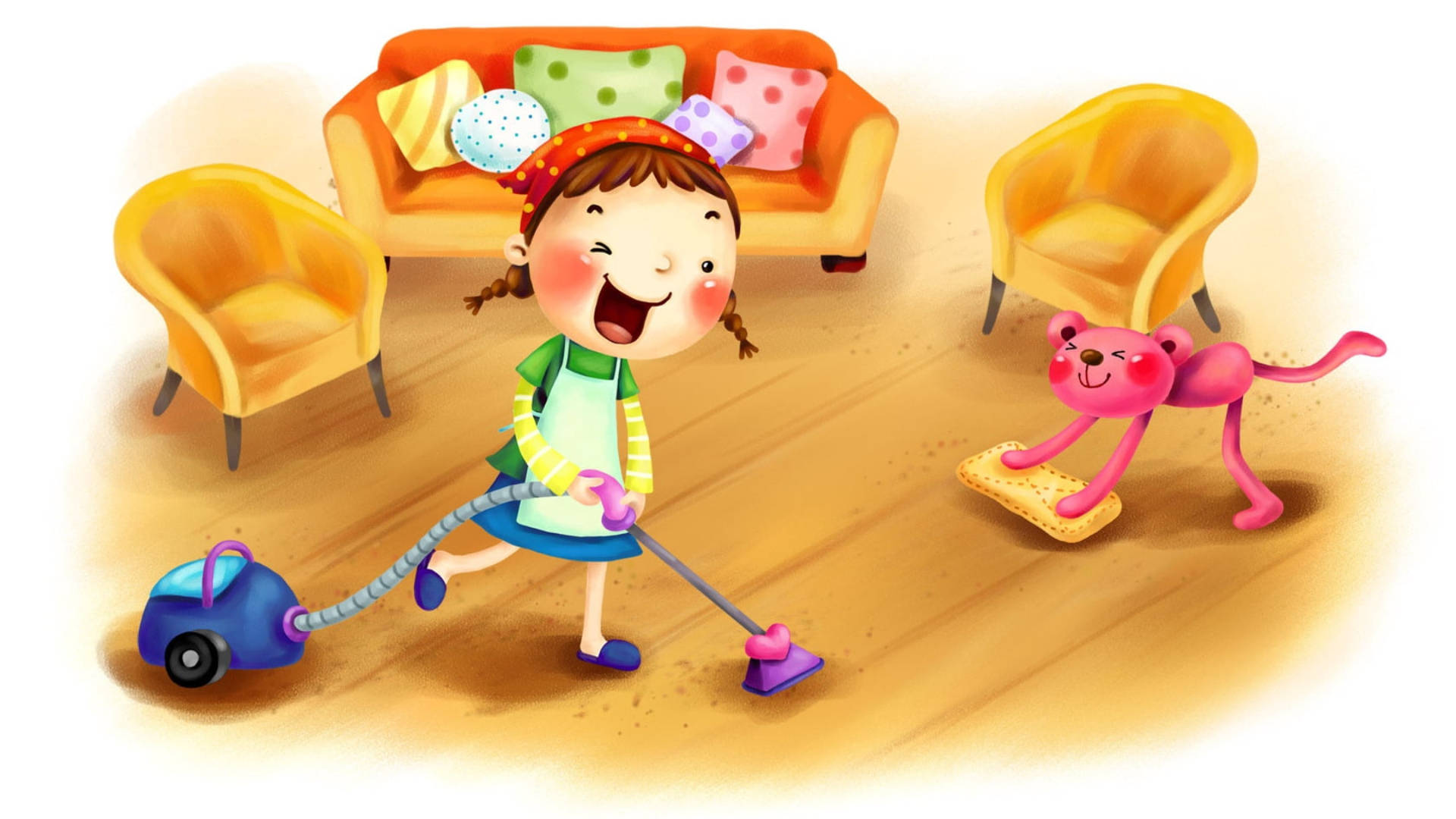 Cute Illustration Of House Cleaning Girl Wallpaper