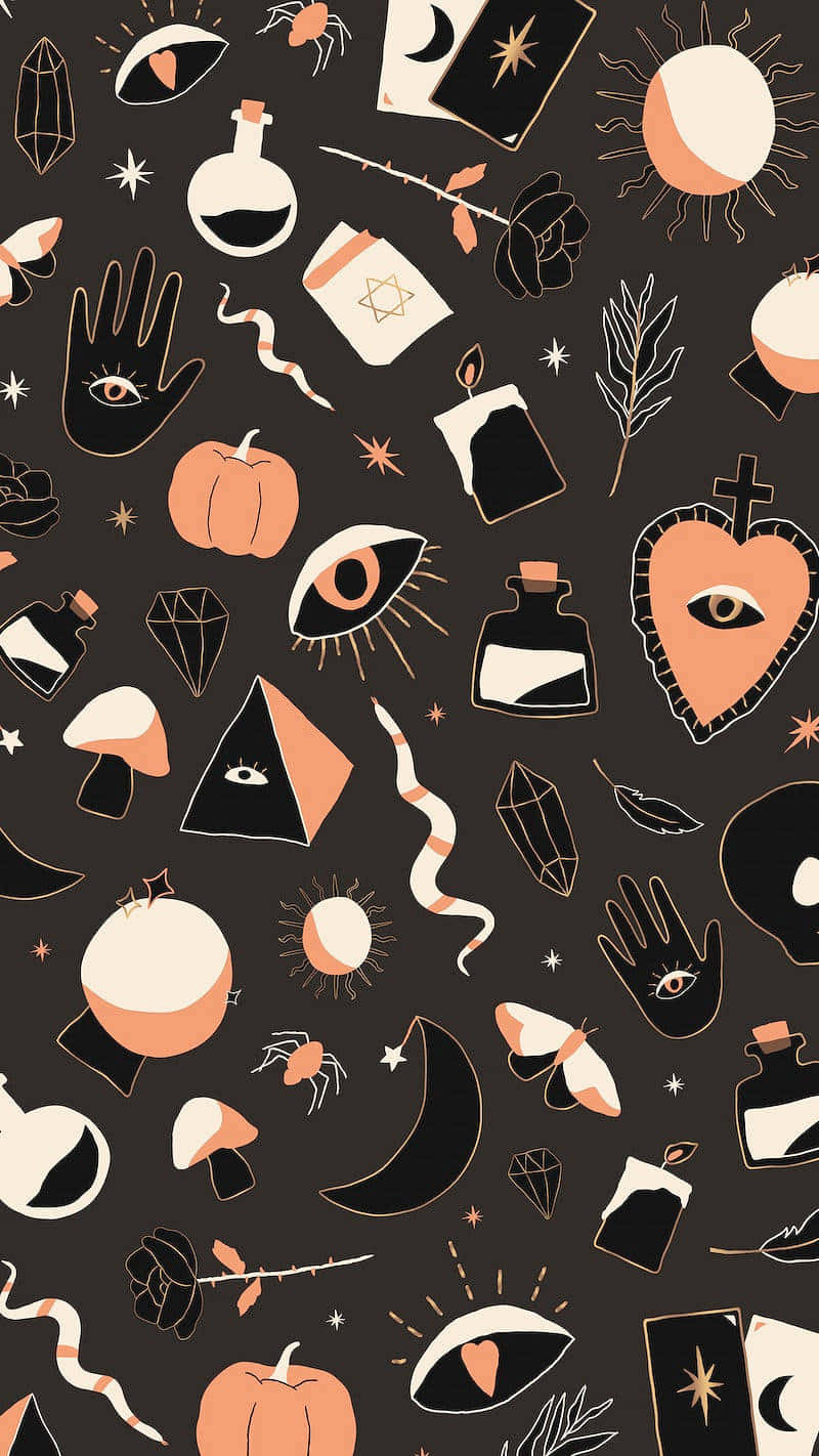 A Black And Orange Pattern With Various Objects Wallpaper