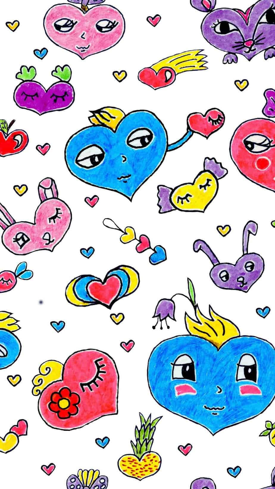 A Colorful Pattern Of Hearts And Flowers Wallpaper