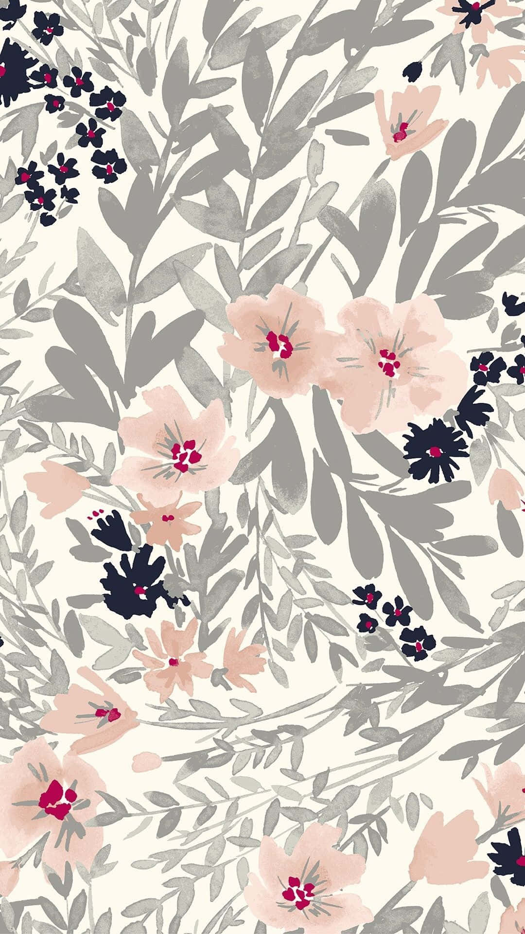 En blomstermønster med pink og sorte blomster Wallpaper