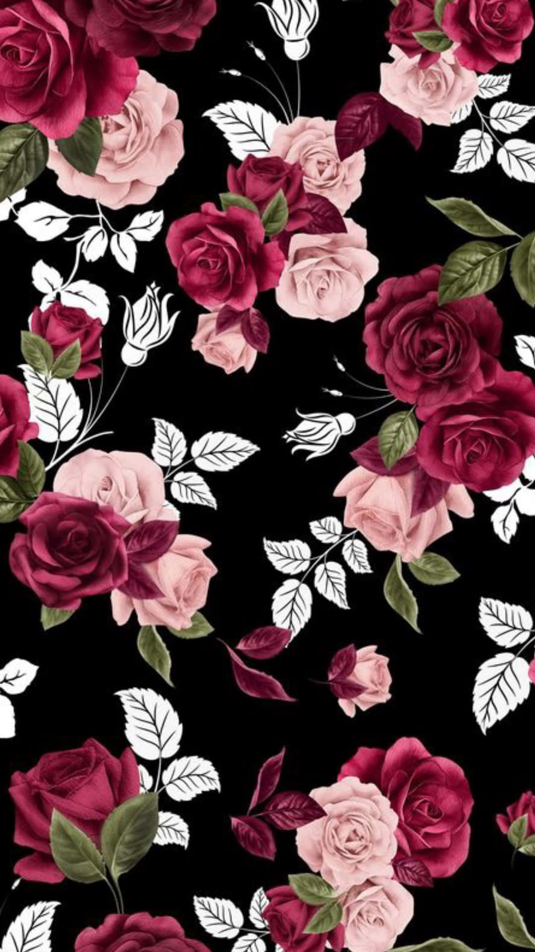 A Black And Red Roses Pattern On A Black Background Wallpaper