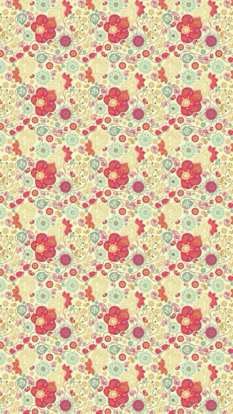 A Floral Pattern With Red, Yellow And Pink Flowers Wallpaper