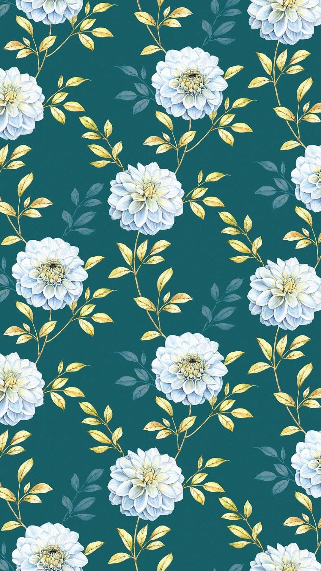 A Floral Pattern With White Flowers On A Teal Background Wallpaper