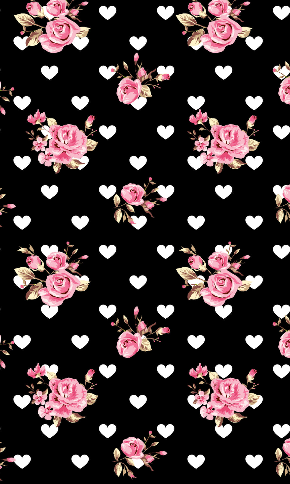 A Black And Pink Floral Pattern With Hearts Wallpaper