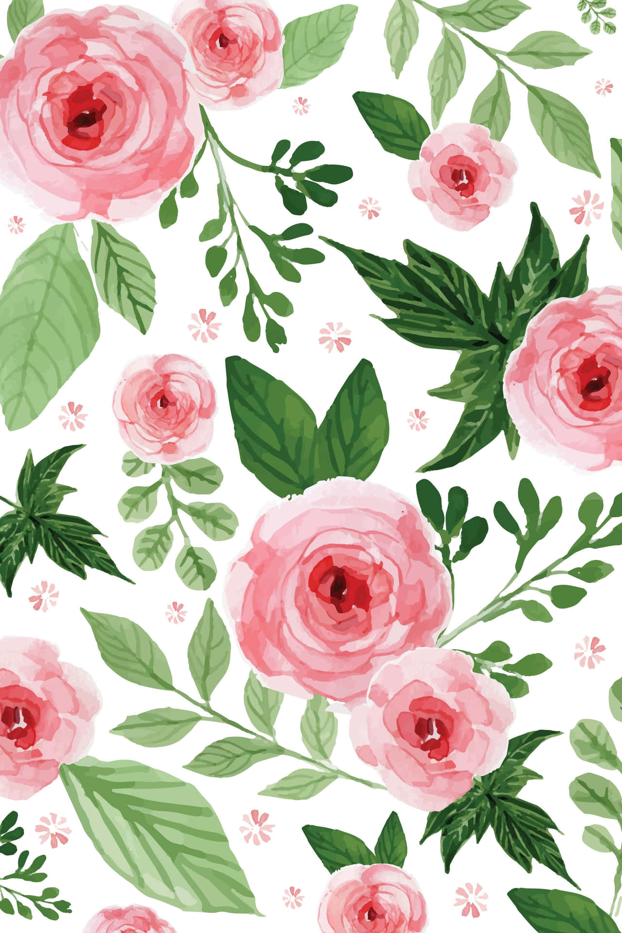 Pink Roses And Leaves Pattern Wallpaper