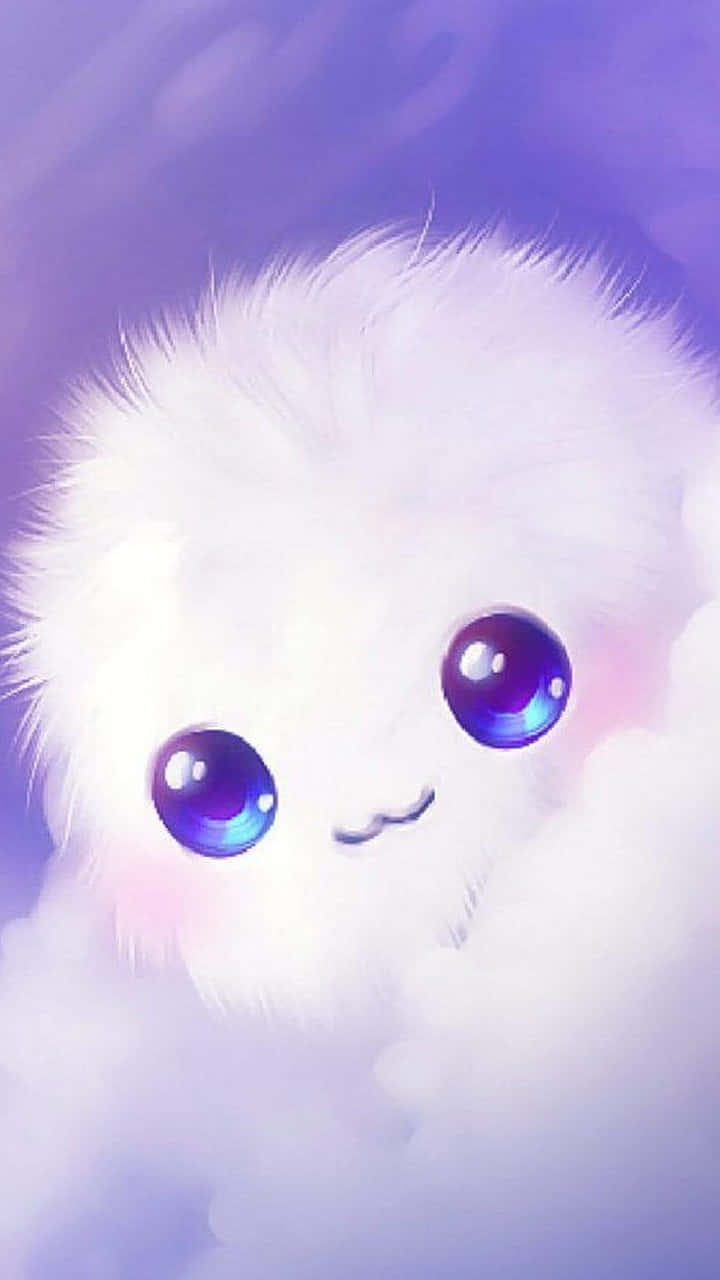 a white fluffy animal with blue eyes in the clouds