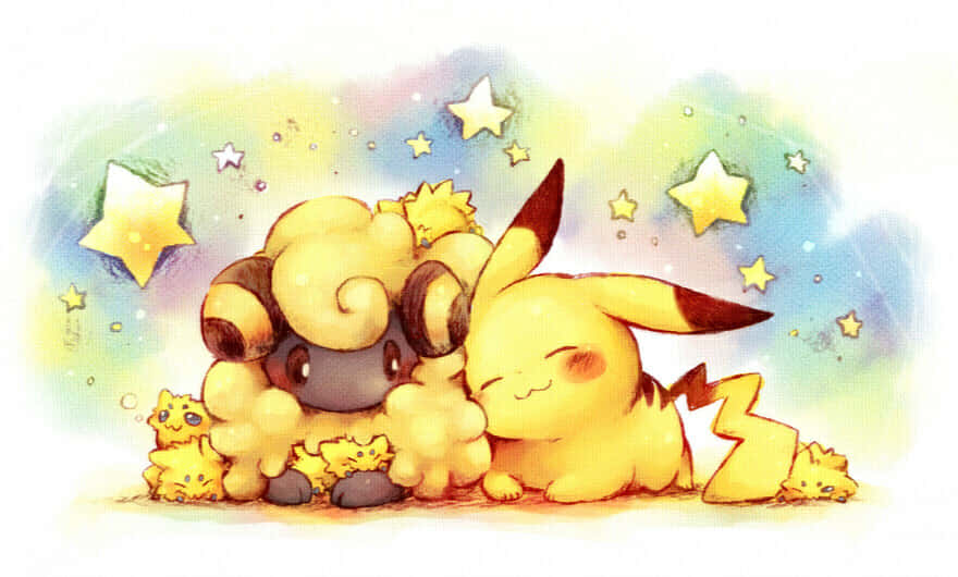 Cute Joltik Cuddling With Mareep And Pikachu Wallpaper