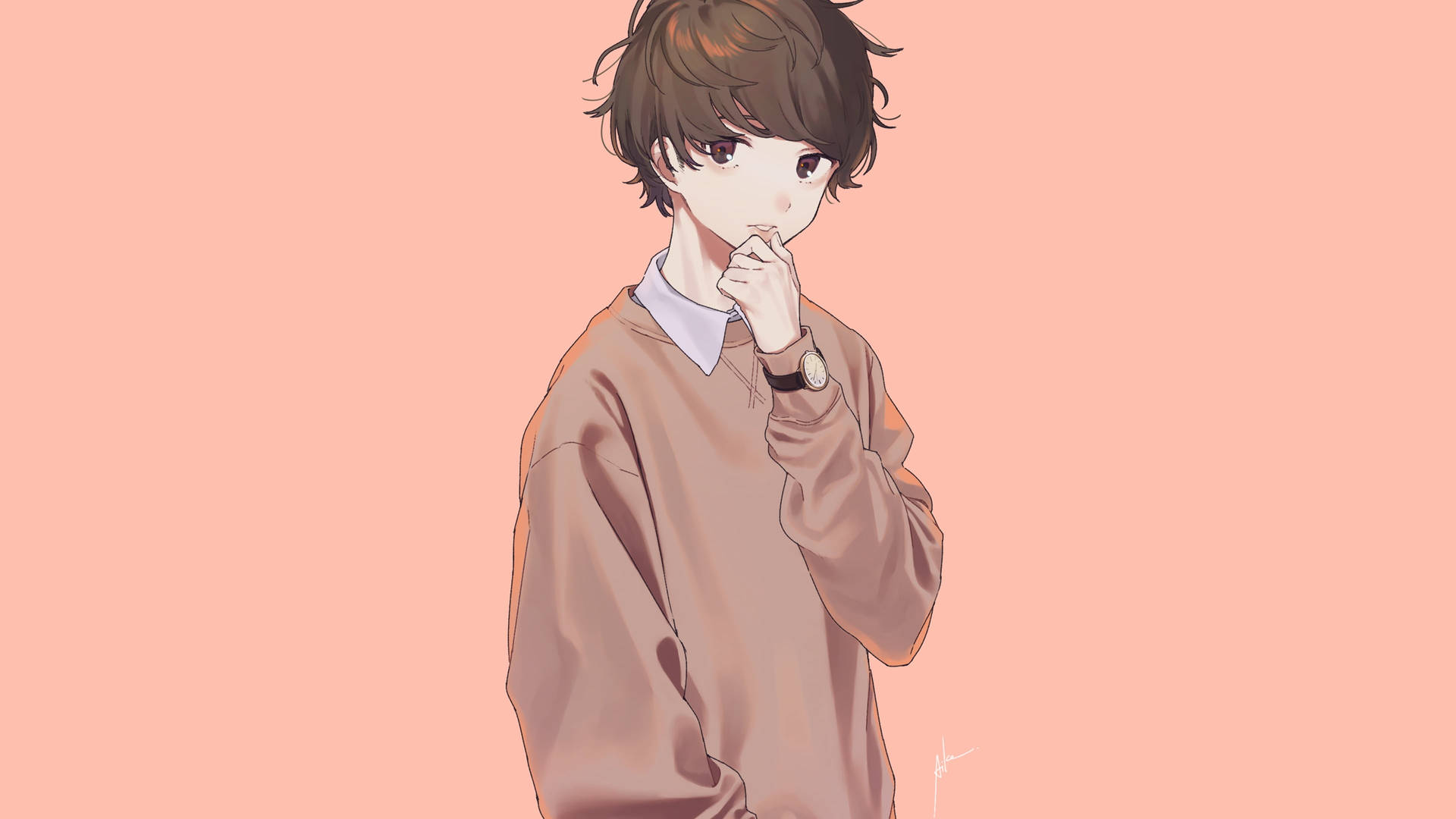 Cute Kawaii Anime Boy In Brown Sweater Background
