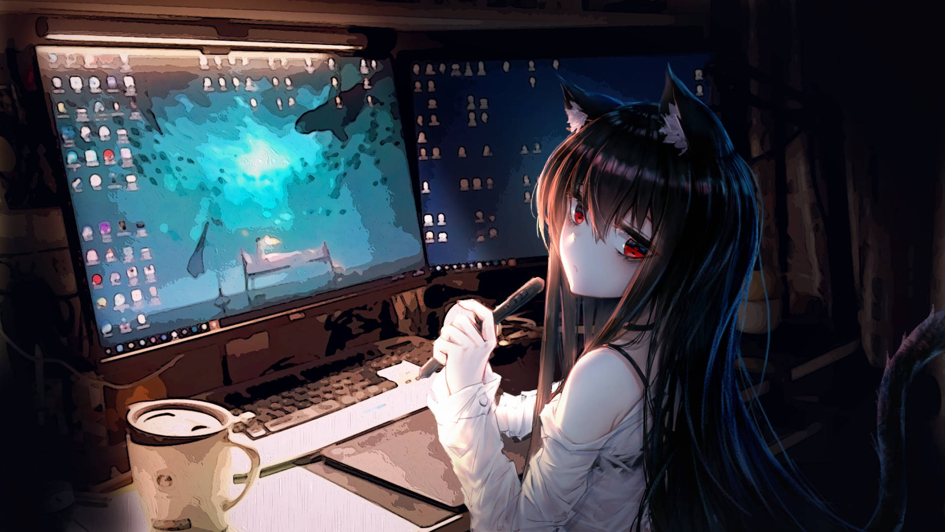 Cute Kawaii Anime Cat Girl Desk Wallpaper