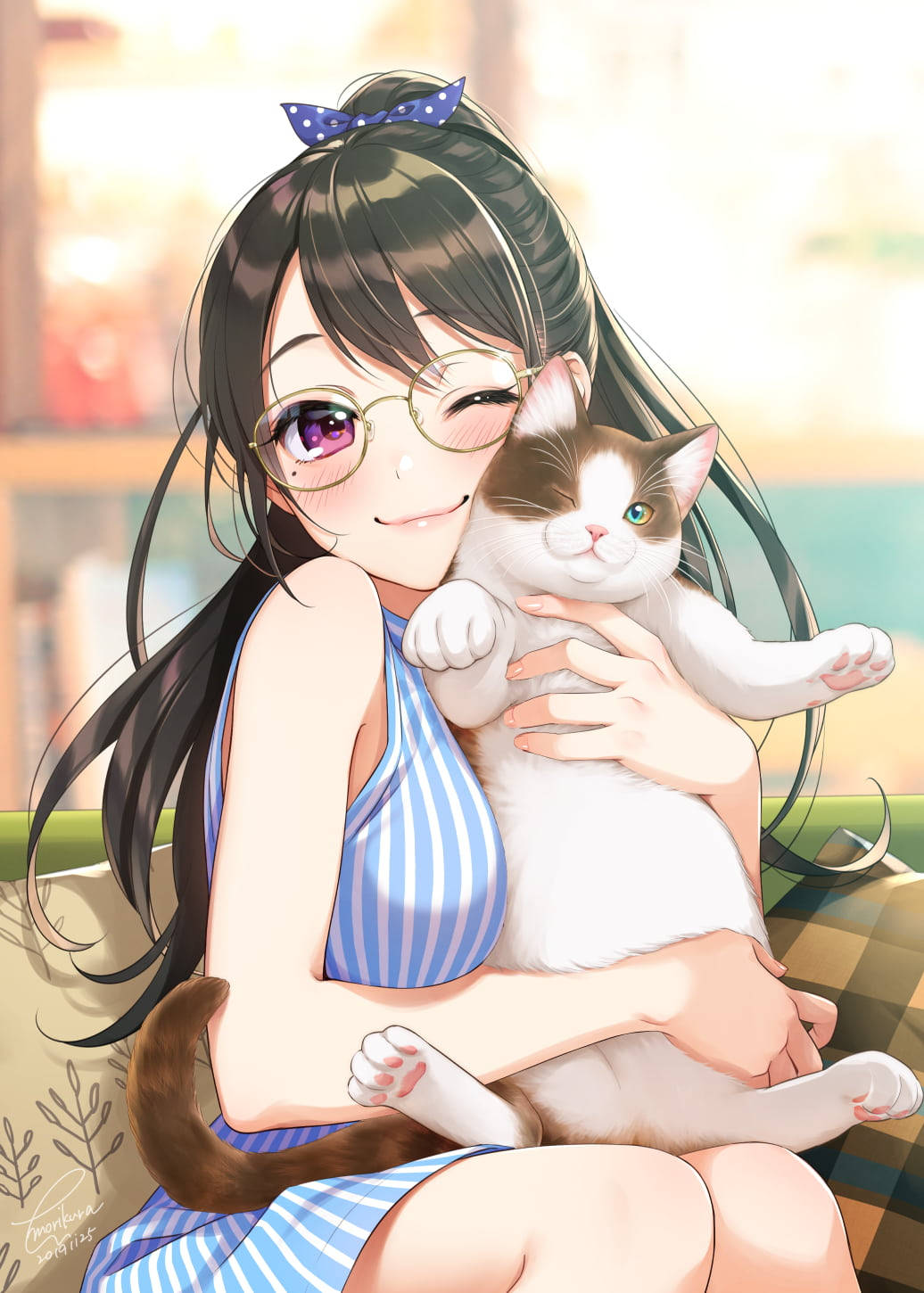 Niedlicheskawaii Anime-mädchen Und Eine Katze Wallpaper