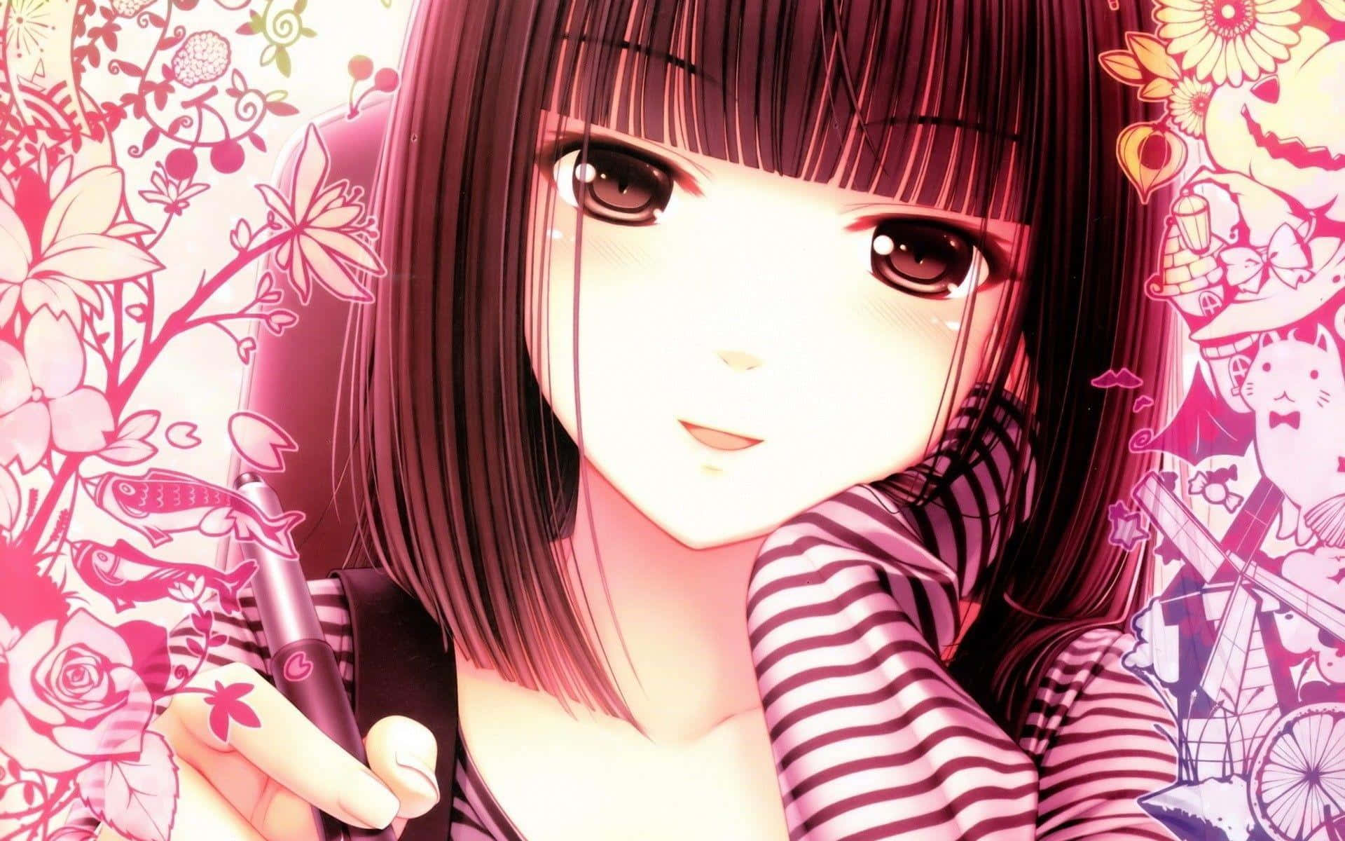 En sød, kawaii anime pige med et sødt smil. Wallpaper