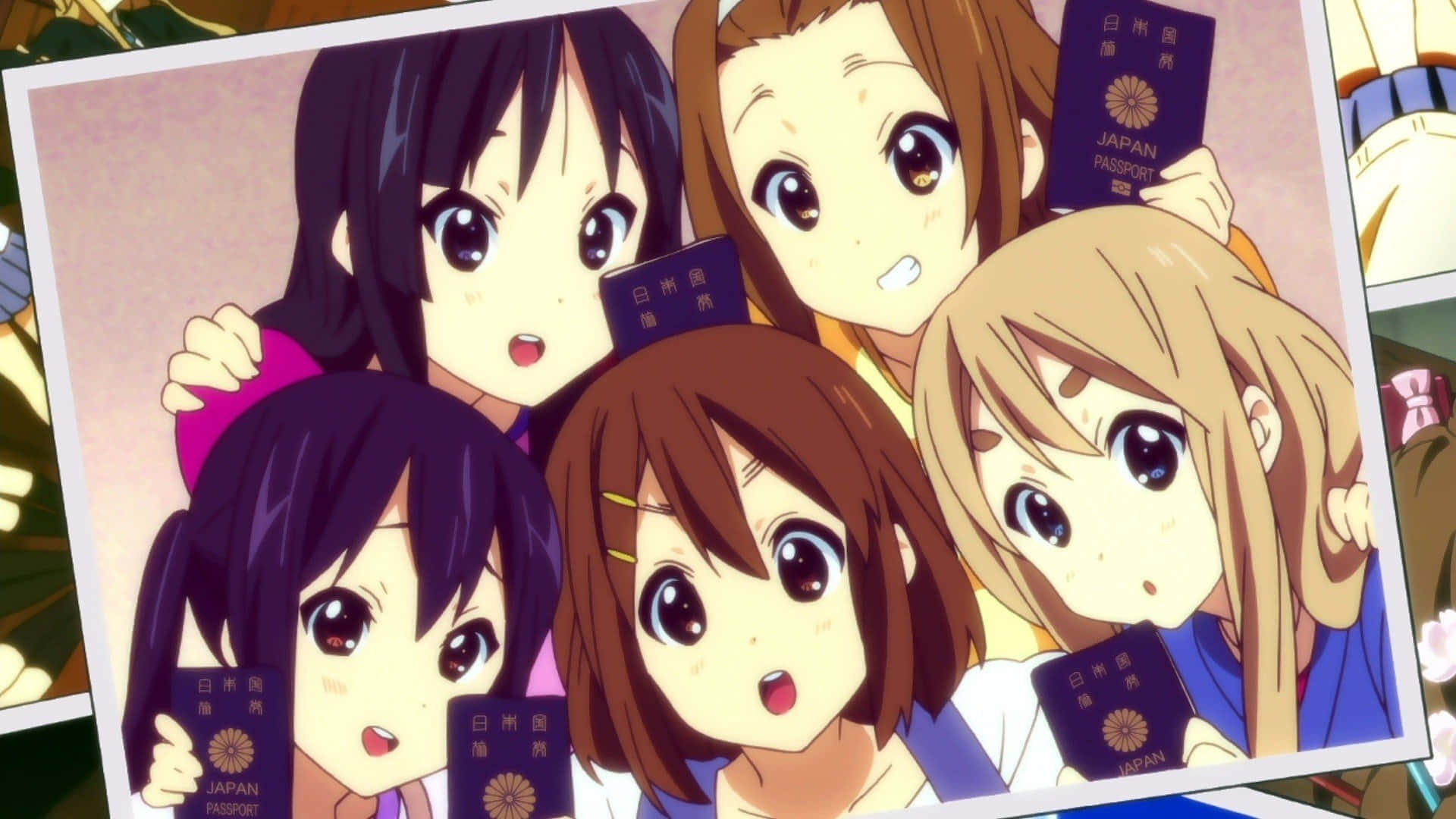 A Collage Of Anime Girls Holding Passports Wallpaper