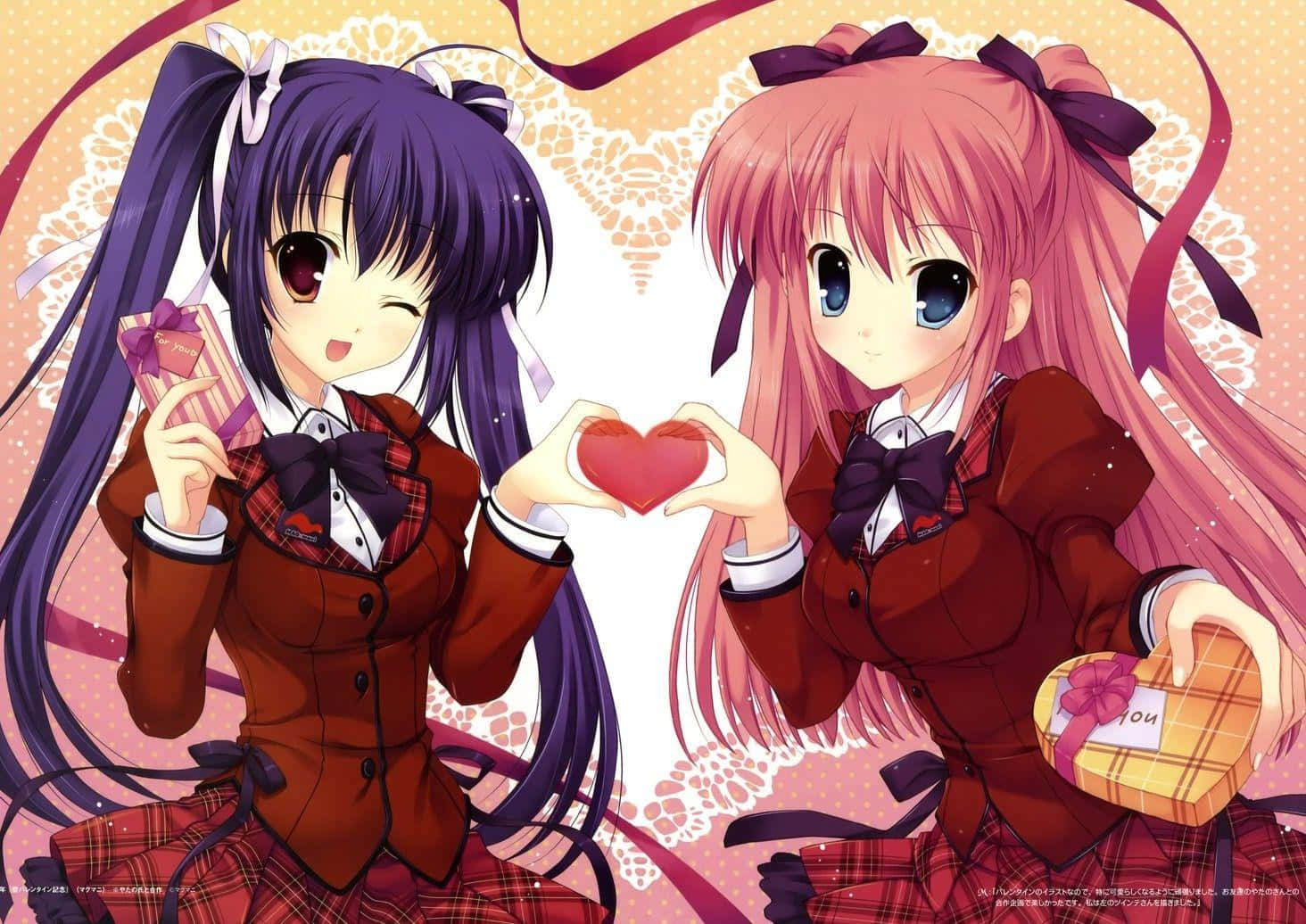 To anime-piger holder hjerter foran en hjerteformet ø. Wallpaper