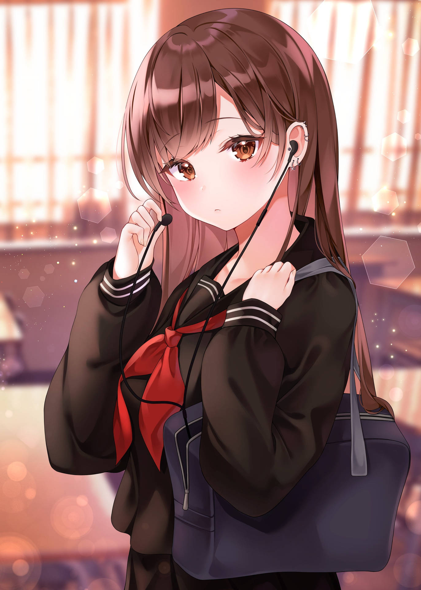 Cute Kawaii Anime Schoolgirl Earphones Wallpaper