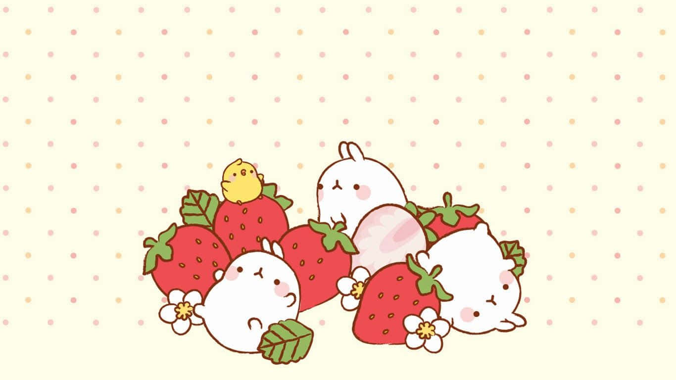 En kawaii kanin med jordbær og en fugl siddende på en tekande Wallpaper