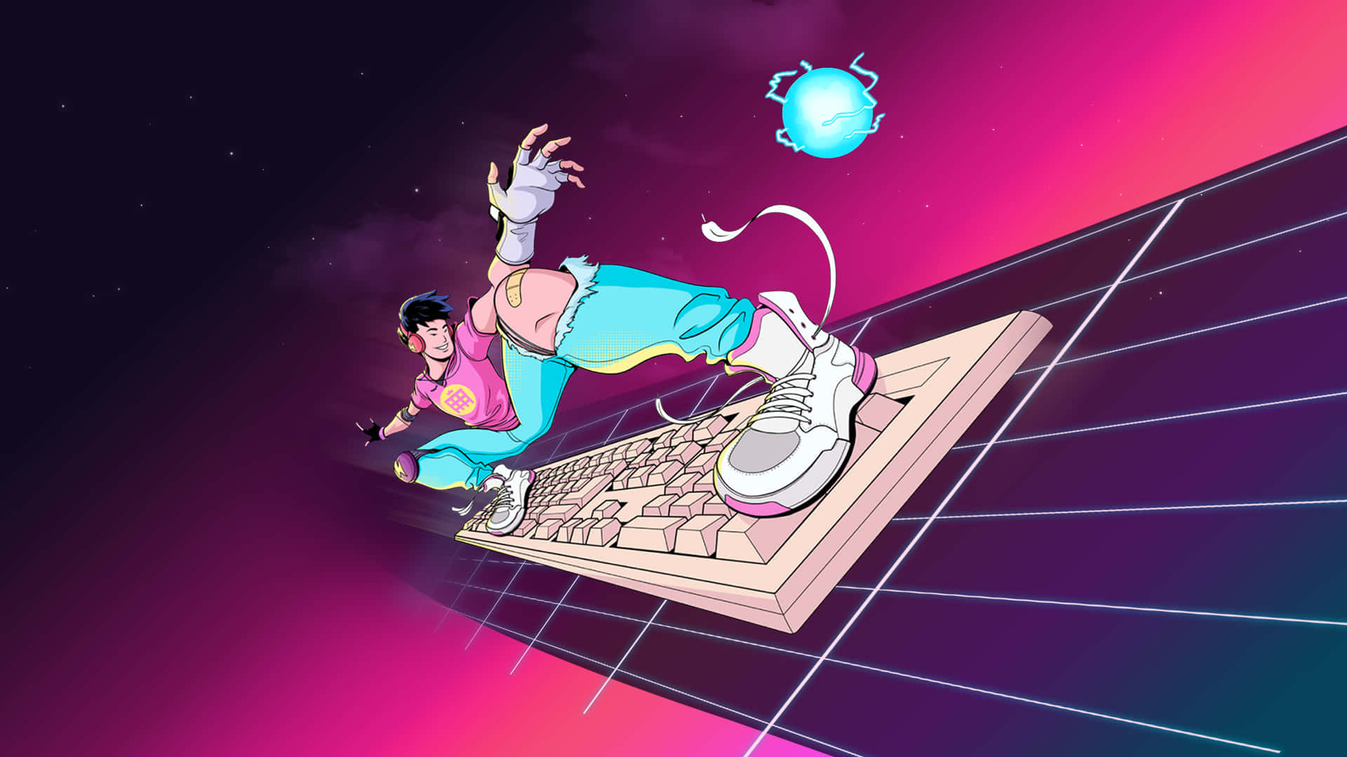 A Man Is Riding A Keyboard In A Neon Colored Space